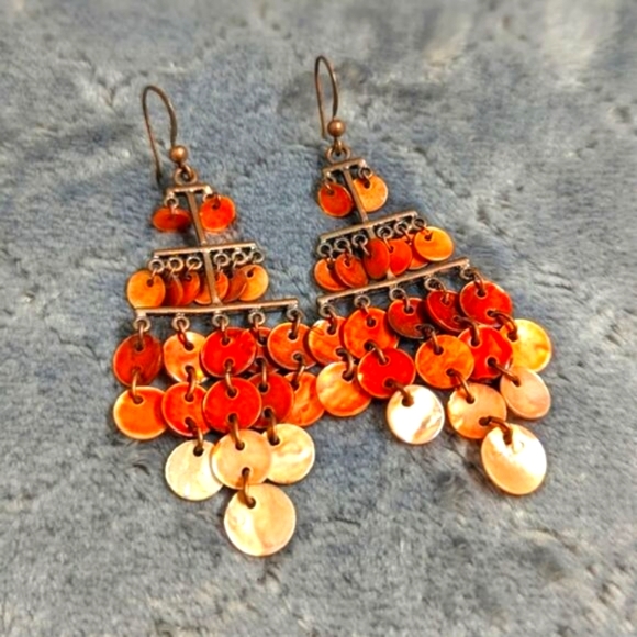 Vintage Coppery Orange Mother of Pearl Dangle Drop Pierced Earrings - Picture 1 of 8